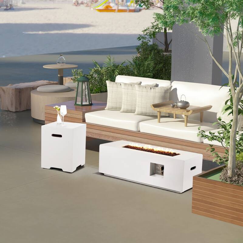 AVAWING 2-Piece 42" Rectangle Concrete Fire Pit Table with Tank Holder - White - Propane