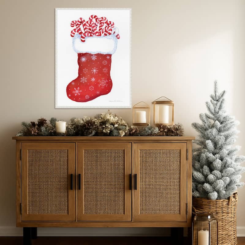 Candy Cane Stocking by Kathleen Parr McKenna (23 x 30 in.), Framed Canvas Wall Art Print - Sylvie Beaded White