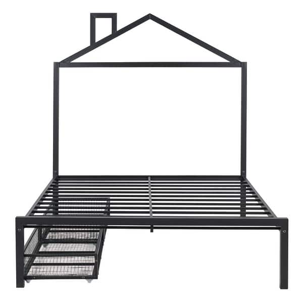 slide 2 of 15, Full Size Metal Platform Bed w/ Drawers & House-Shaped Headboard,Black Black - Full