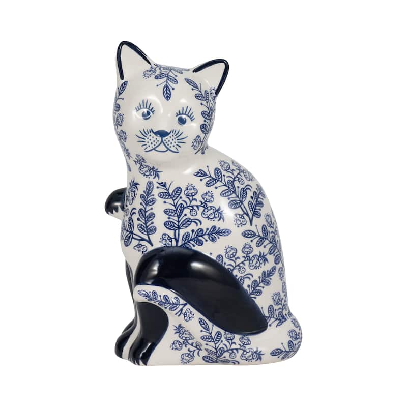 Ceramic Cat Sculpture Contemporary Vintage Style Chinoiserie Blue and White Floral Cat Statue Cat Lover