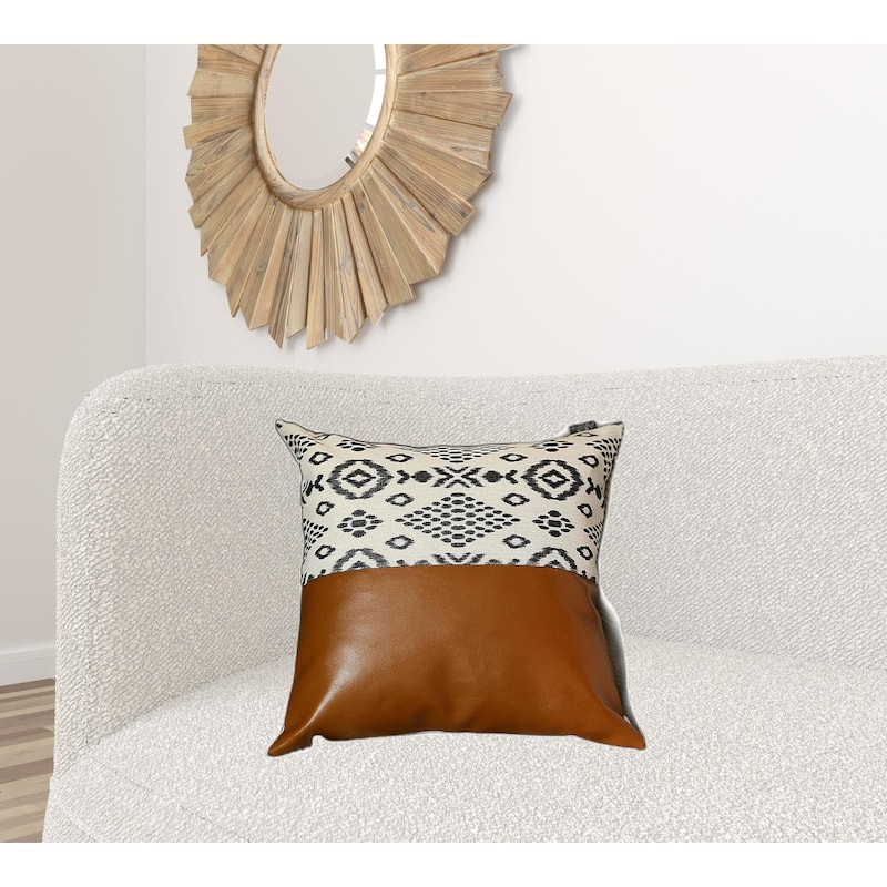 20" X 20" Brown and White Faux Leather Geometric Zippered Pillow Cover