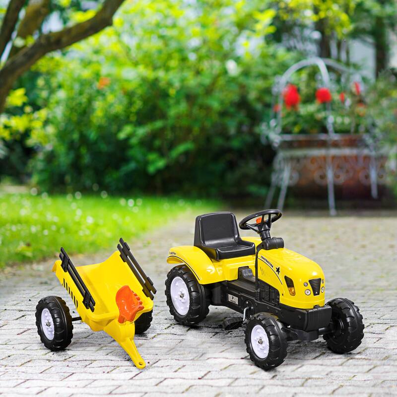 Kids Ride-On Farm Tractor with Pedals, Rear Trailer, Shovel & Rake, Horn for Boys & Girls Aged 3+ - Yellow
