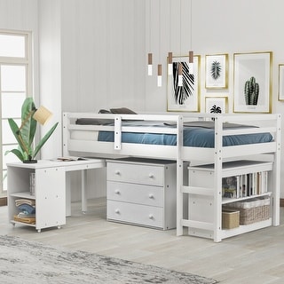 Low Study Twin Loft Bed with Rolling Portable Desk, White