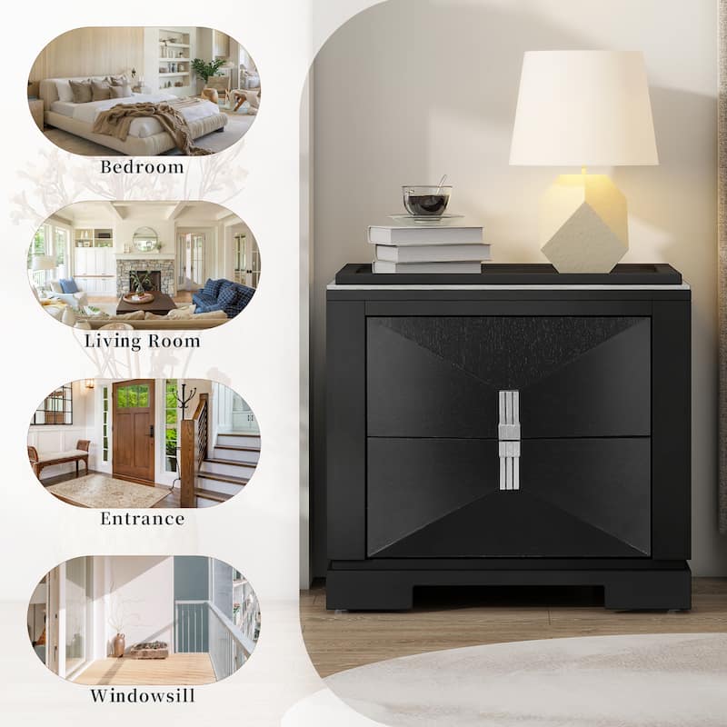 Mid-Century Modern Nightstand for Bedroom, 2 Drawers Sofa Side Table, Wooden Diamond Shaped Bedside Table