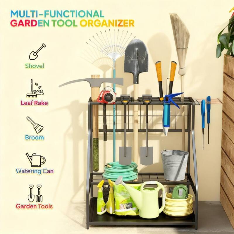 GDFStudio - Flint 3-Tier Multi-Purpose Metal Yard Tool Storage Rack with Hooks for Garage, Shed, & Outdoor Use - 33.1"