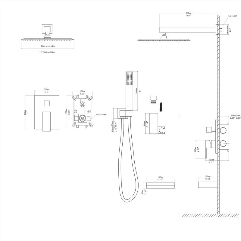 Topcraft 12-Inch Wall Mounted Square Shower System with Rough-in Valve - 12*12