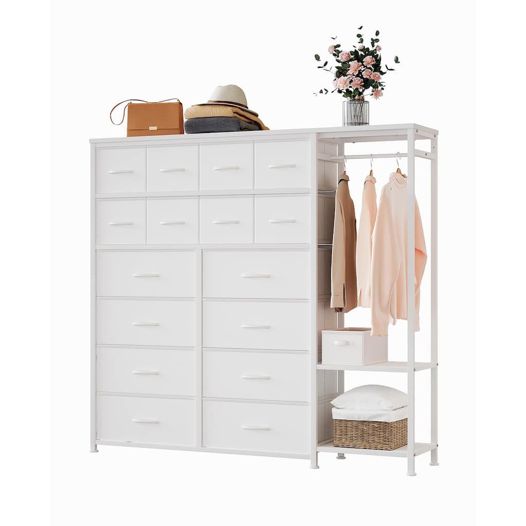16 Drawers Dresser with Clothes Rack, Fabric Storage Tower Drawers Organizer Unit