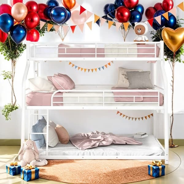 slide 2 of 22, Modern Twin XL/Full XL/Queen Triple Bunk Bed With Ladder And Full-Length Guardrails,Convertible Beds for Bedroom White