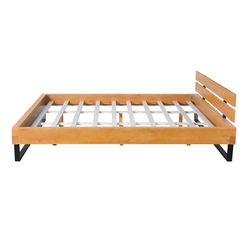 Natural Pine Wood Low-Profile Platform Bed Black Iron Supports Frame Bed with Wood Slat and Center Legs Support, Headboard