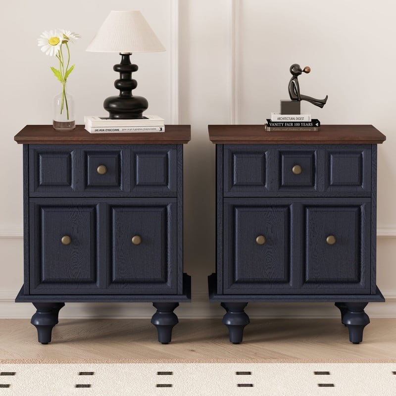 Vintage 2-Drawer Nightstand with Solid Wood Legs for Bedroom Storage Organization - Dark Blue(2-Piece)
