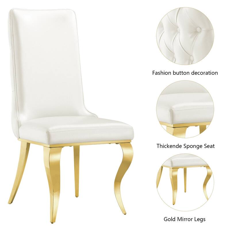 White leather dining chairs with gold legs
