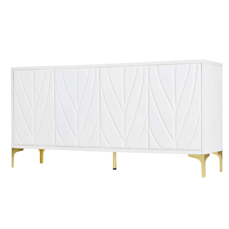 Modern Carved Sideboard Buffet Cabinet with Handleless Push-Open Design, for Living Room, Bedroom and Dining Room, White