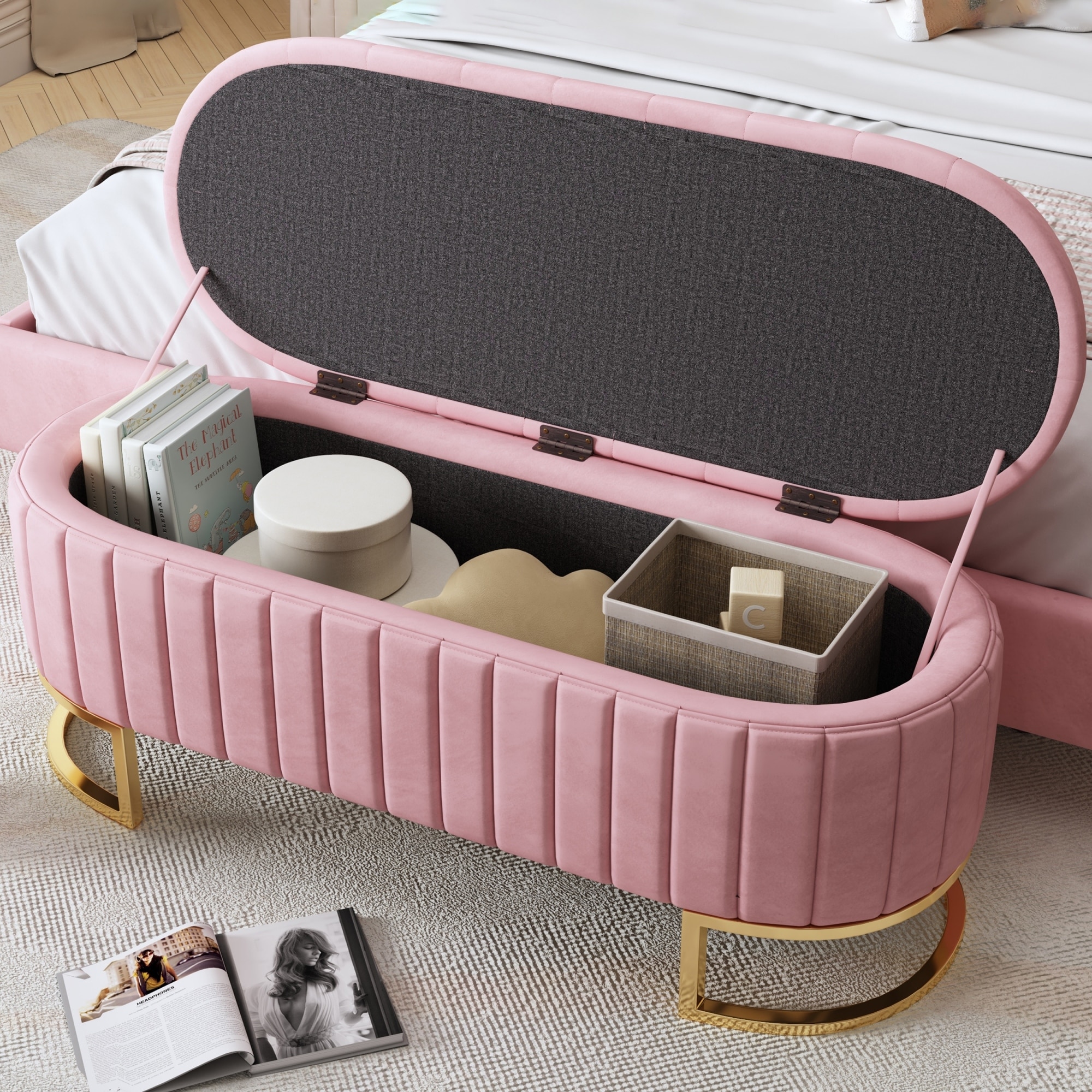 Pink End of Bed Bench Storage Bench Indoor Bench with Metal Legs, Rustic Window Bench Ottoman Leisure Bench