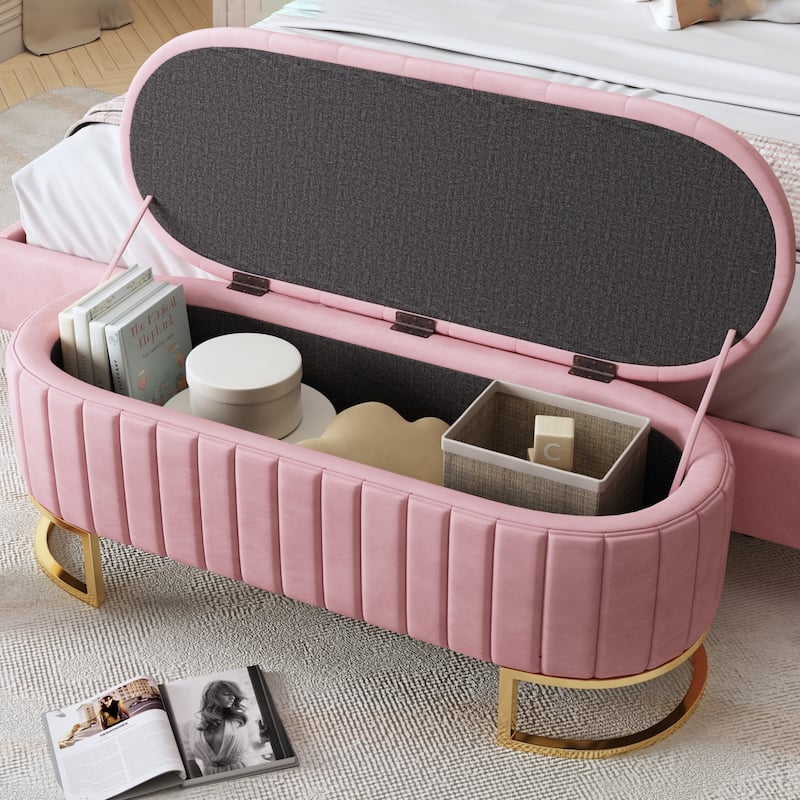 Velvet Storage Ottoman with Metal Legs and Button-Tufted