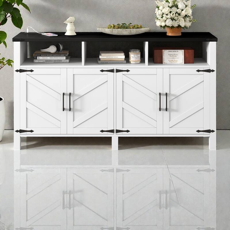 59" Modern 4-Door Sideboard with Power Outlets, USB Ports, Adjustable Shelves & Half-Open Storage Cabinet