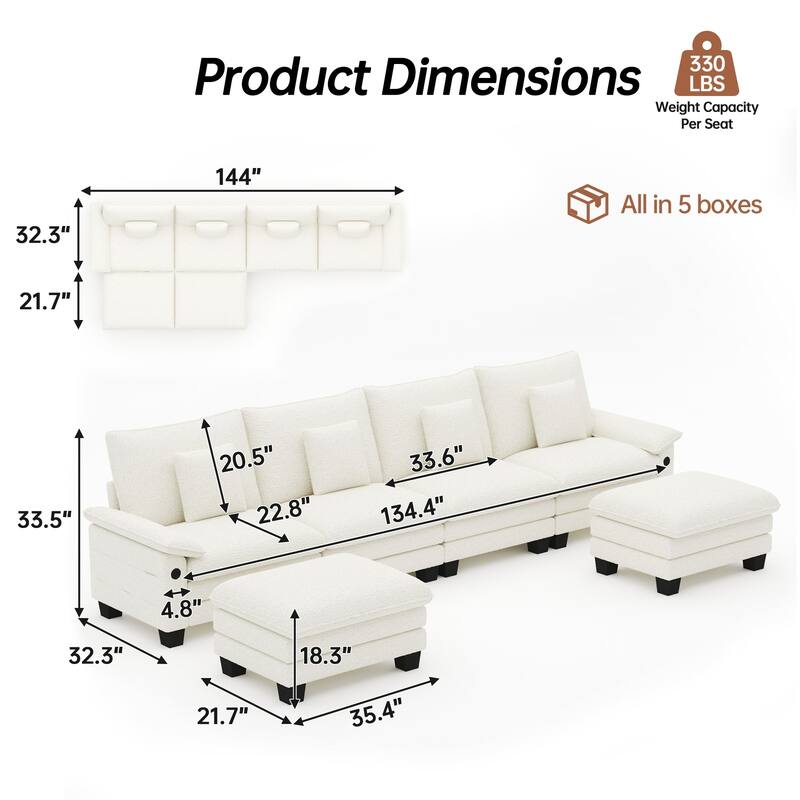 144" Modular Compression Sofa Set Convertible Sectional Sleeper Couch with 2 Ottomans