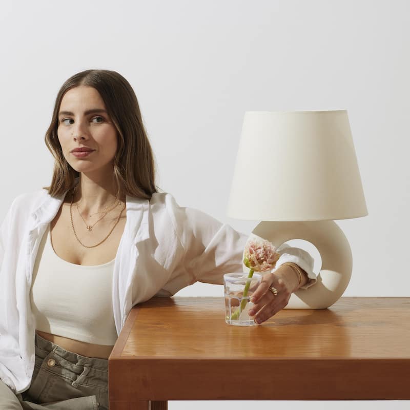 Brightech Chloe 15.5" Off-White Beige Standard Super Bright LED Traditional Table Lamp with Off-White Cream Fabric Empire Shade