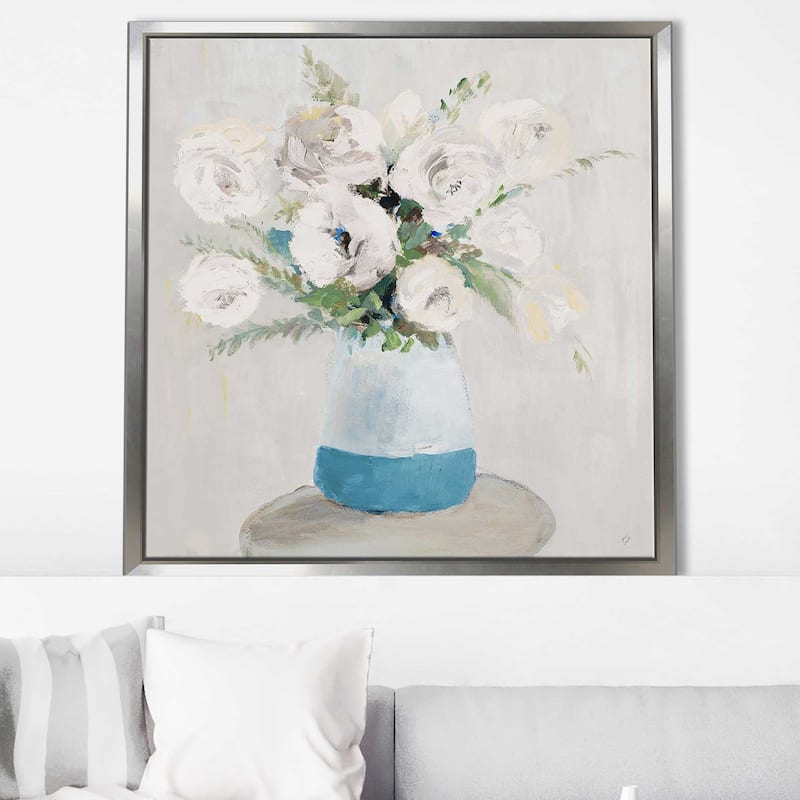 "White Peonies in Tonal Vase" Print on Floating Canvas
