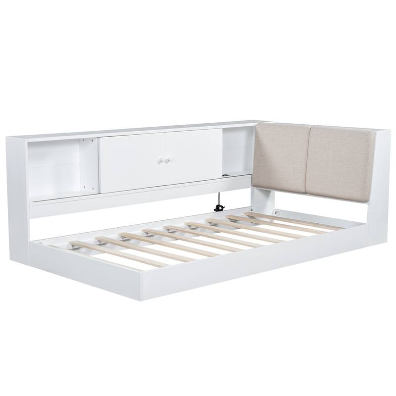 Wooden Twin Size L-shaped Daybed with Storage Bookcase