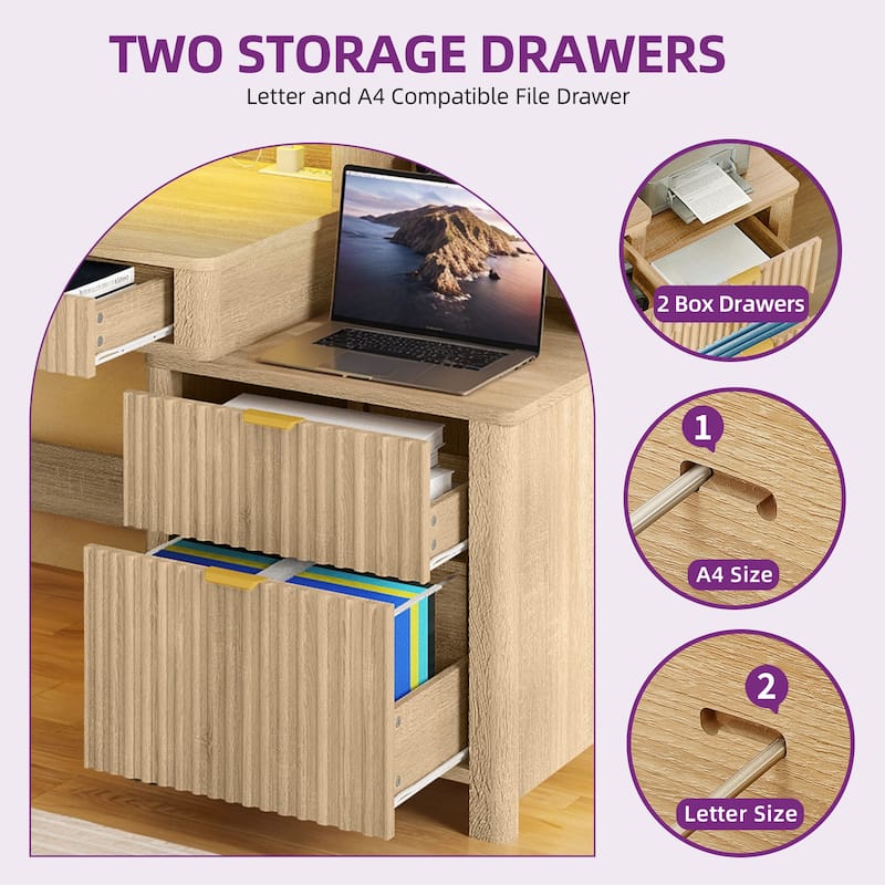Moasis Modern L Shaped Computer Desk with Hutch and Drawers LED Office Desk w/Power Outlets