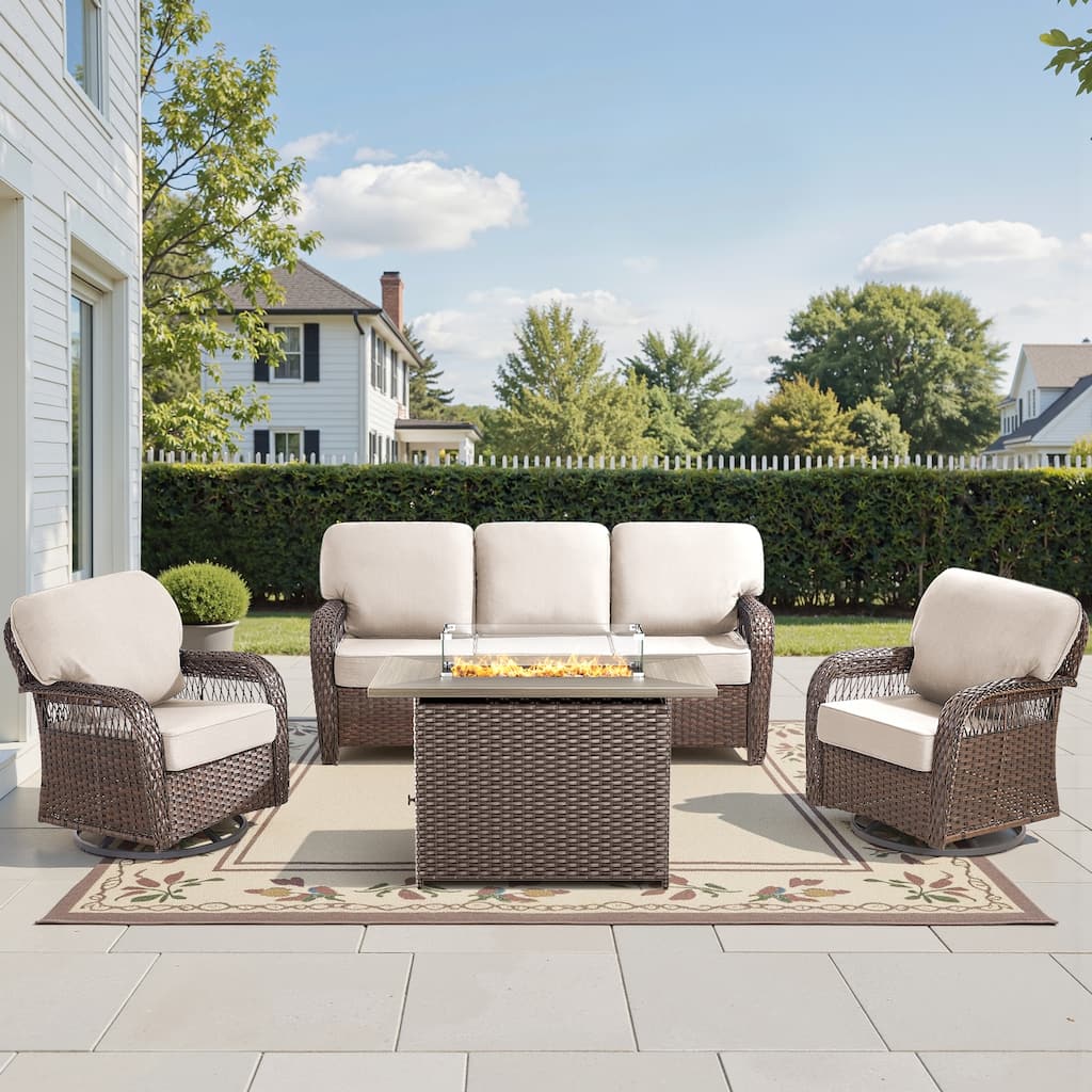 Pocassy Outdoor Fire Table with Swivel Chair Sofa Funiture Set.