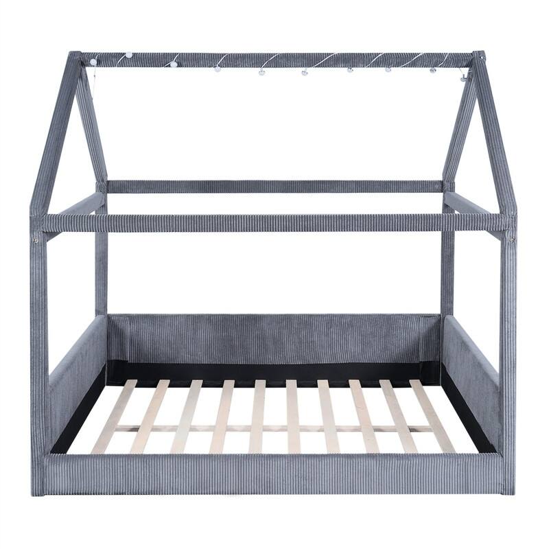 Full Size Upholstered House Daybed with LED Light Strips, Modern House Floor Bed Montessori Bed with Roof Design for Kids