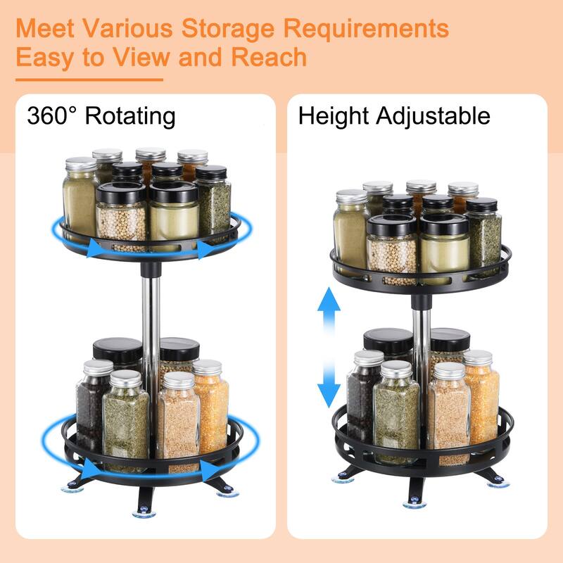 Lazy Susan Organizer, 2 Tier Rotating Spice Rack Organizer for Cabinet, Black