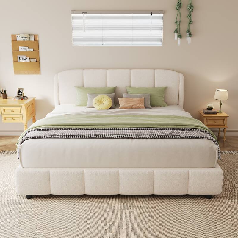 Queen Boucle Fabric Platform Bed, Soft Curved Headboard, Beige Finish, Simple Setup - Beige