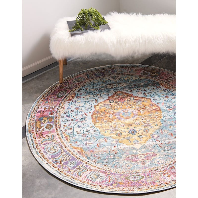 Traditional Samana Collection Area Rug - 8'4" Round - Light Blue
