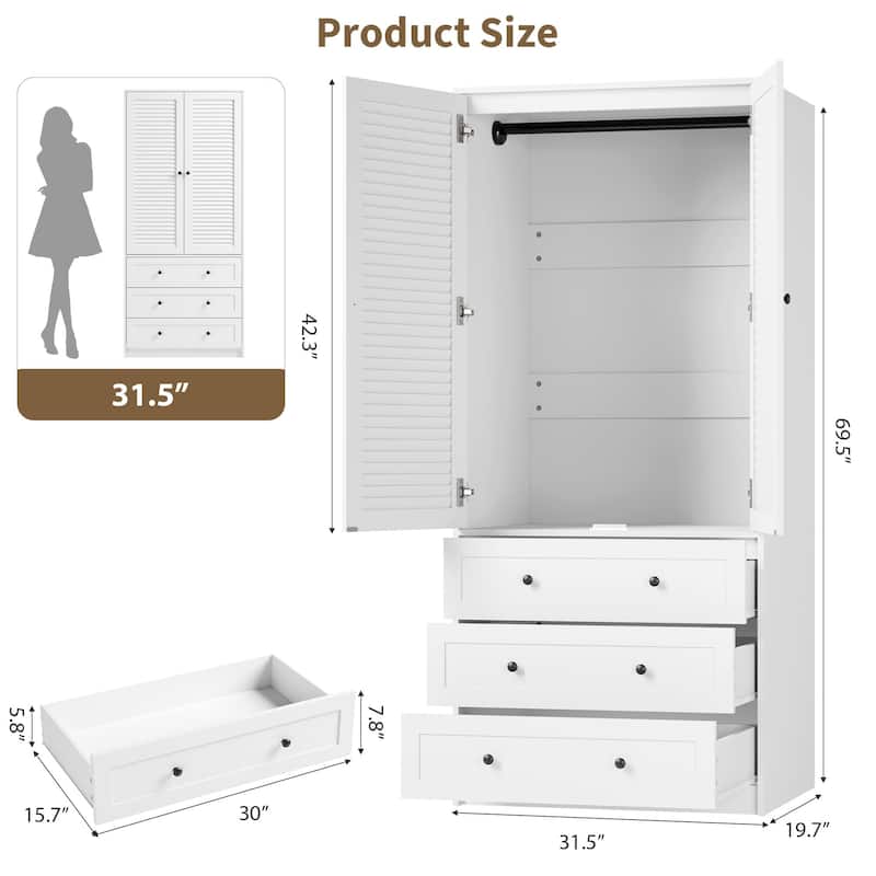 Armoire Wardrobe Closet with Drawers, 69.5" Wooden Wardrobe Cabinet with Hanging Rod, 2 Doors Clothing Storage Cabinet