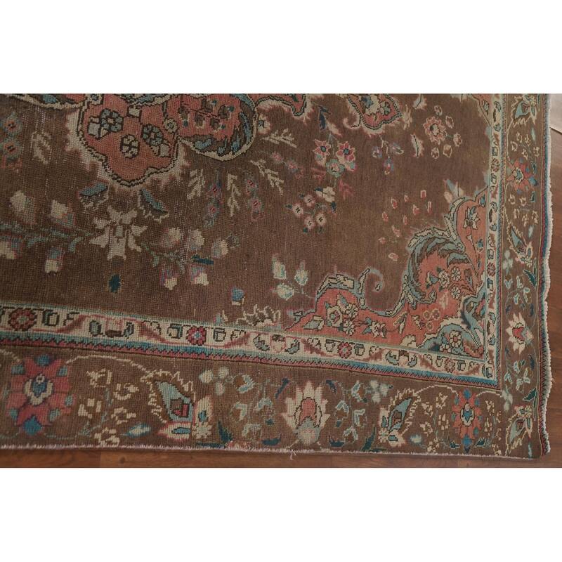 Hand Knotted Oriental 100% Wool Carpet Traditional Floral Brown Tabriz Area Rug - 9' 4'' X 5' 11''