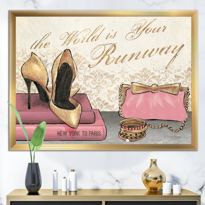 Designart "Gold Fabulous Life Style I" Fashion Framed Art Print - 40 in. wide x 30 in. high - Gold