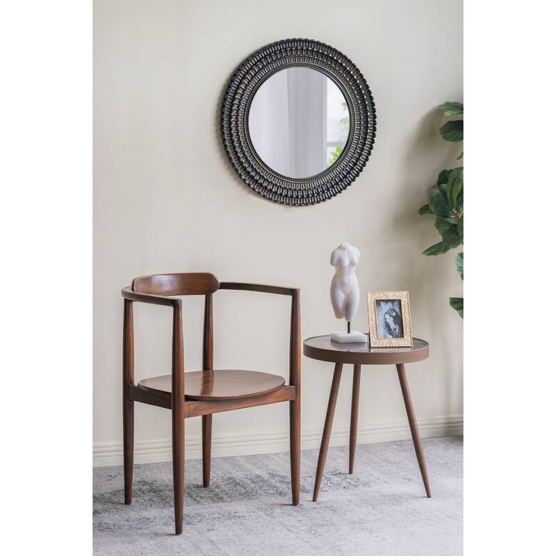 D29.5" Round Black And Gold Wooden Accent Mirror With Woven Texture