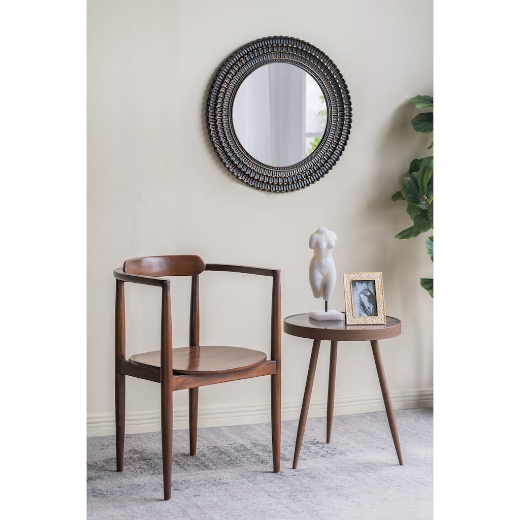 D29.5" Round Black And Gold Wooden Accent Mirror With Woven Texture