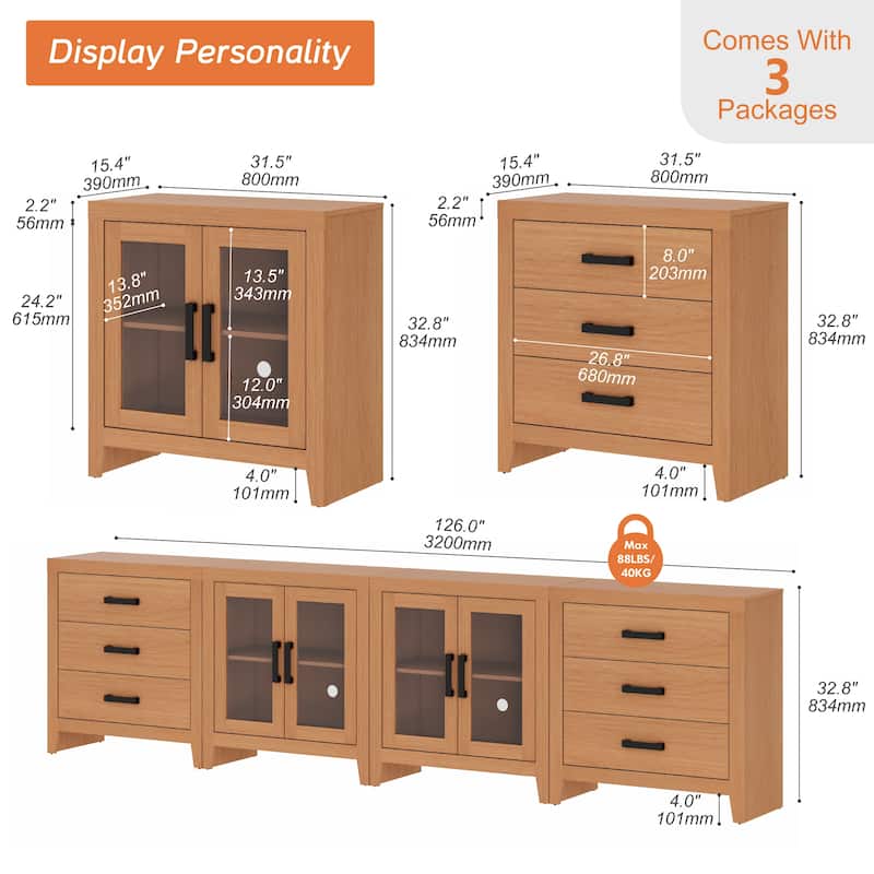 WAMPAT Extra Wide 126" Farmhouse TV Stand, Wood Media Console with 6 Drawers & 2 Glass Cabinets
