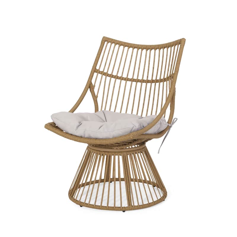 Roomfitters Boho Wicker Swivel Lounge Chair, Handwoven Rattan with Cushioned Seat, Indoor/Outdoor Accent Chair, Beige