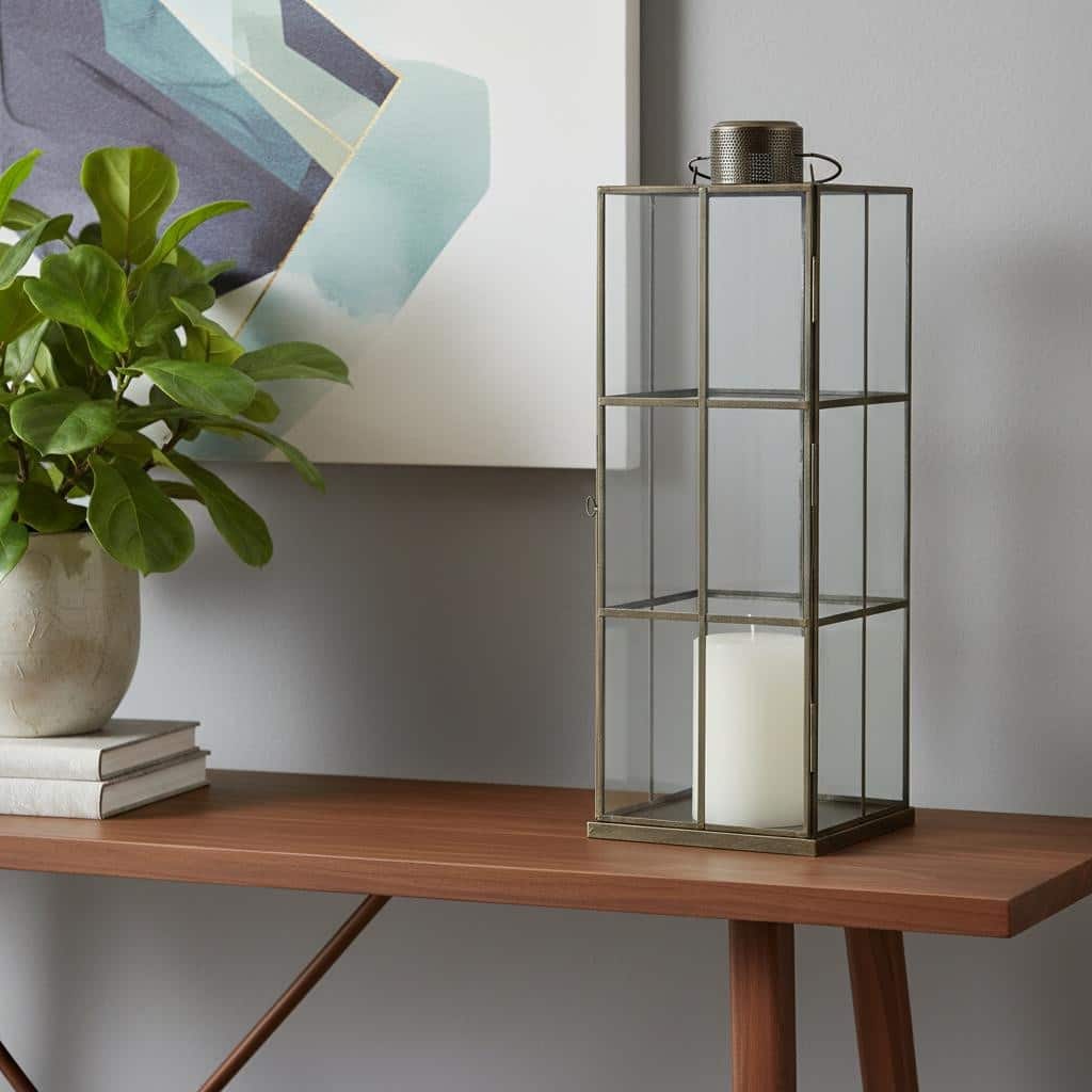 23" Gold Distressed Geometric Metal And Glass Tabletop Lantern Candle Holder