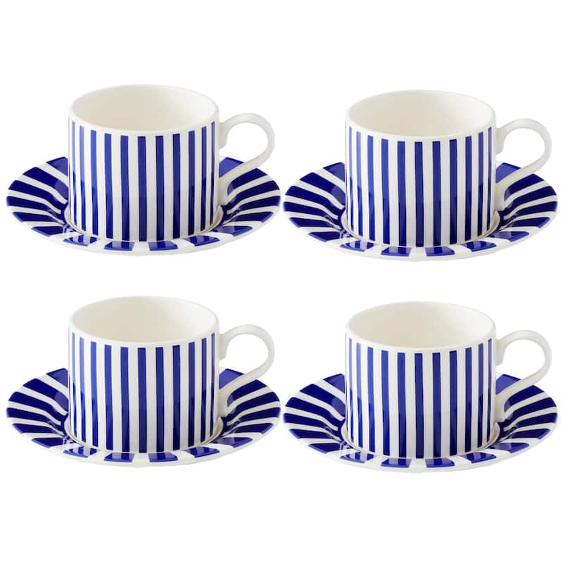Spode Set of 4 Steccato Narrow Stripe Teacups and Saucers - 9 oz - 9 oz