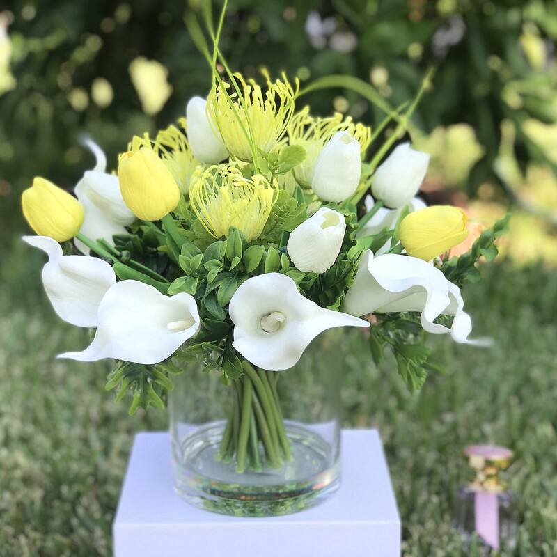 Enova Home Mixed Artificial Real Touch Tulip and Lily Fake Silk Flowers Arrangement in Clear Glass Vase for Home Decoration