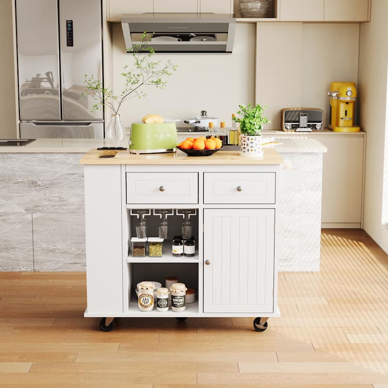 Kitchen Island with Power Outlet - White