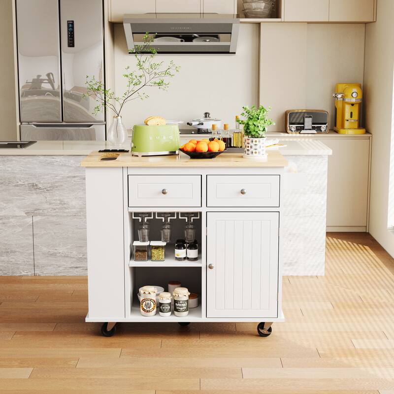 Kitchen Storage Island with Drop Leaf and Rubber Wood - White