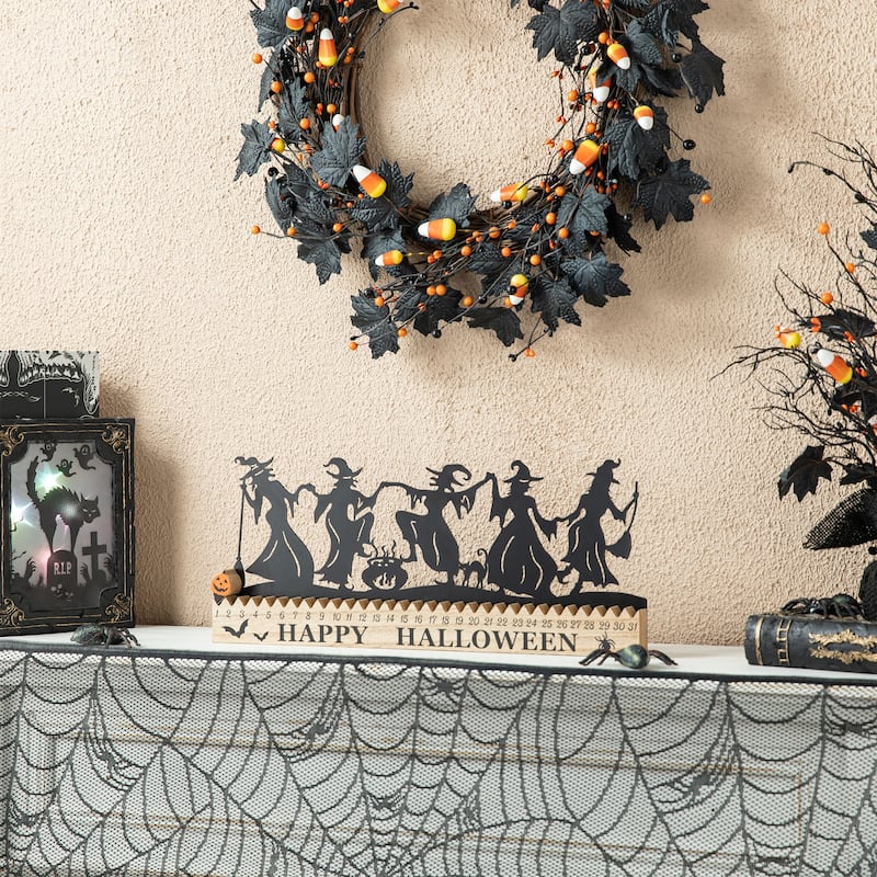 Glitzhome 18"L Happy Halloween Wooden Metal Dancing Witch or Ghost Countdown Calendar Table Decor
