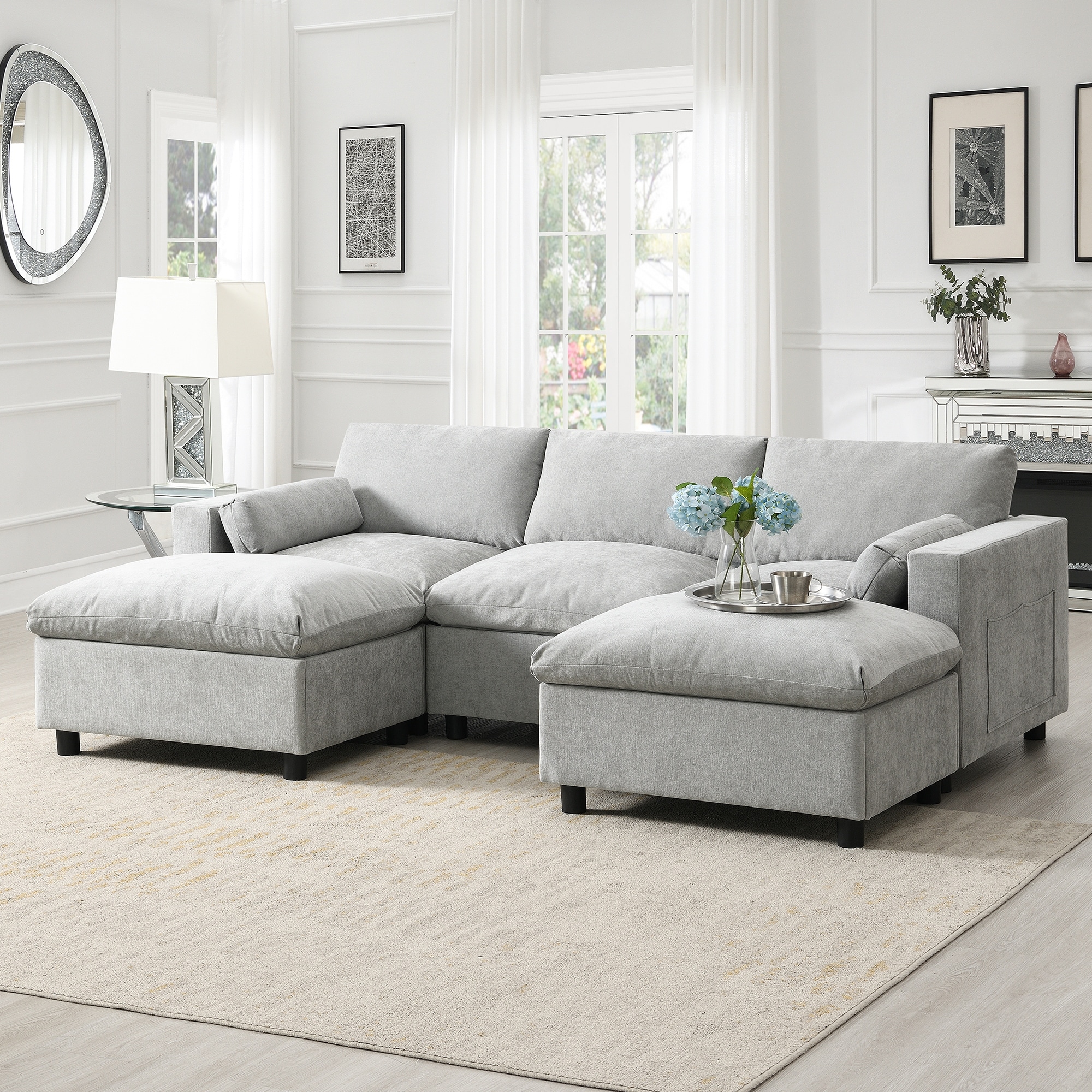 Modern 86.5" Modular Sectional Sofa with Storage Pockets, 5 Seat U-Shaped Couch Set with Pillows and 2 Movable Ottoman