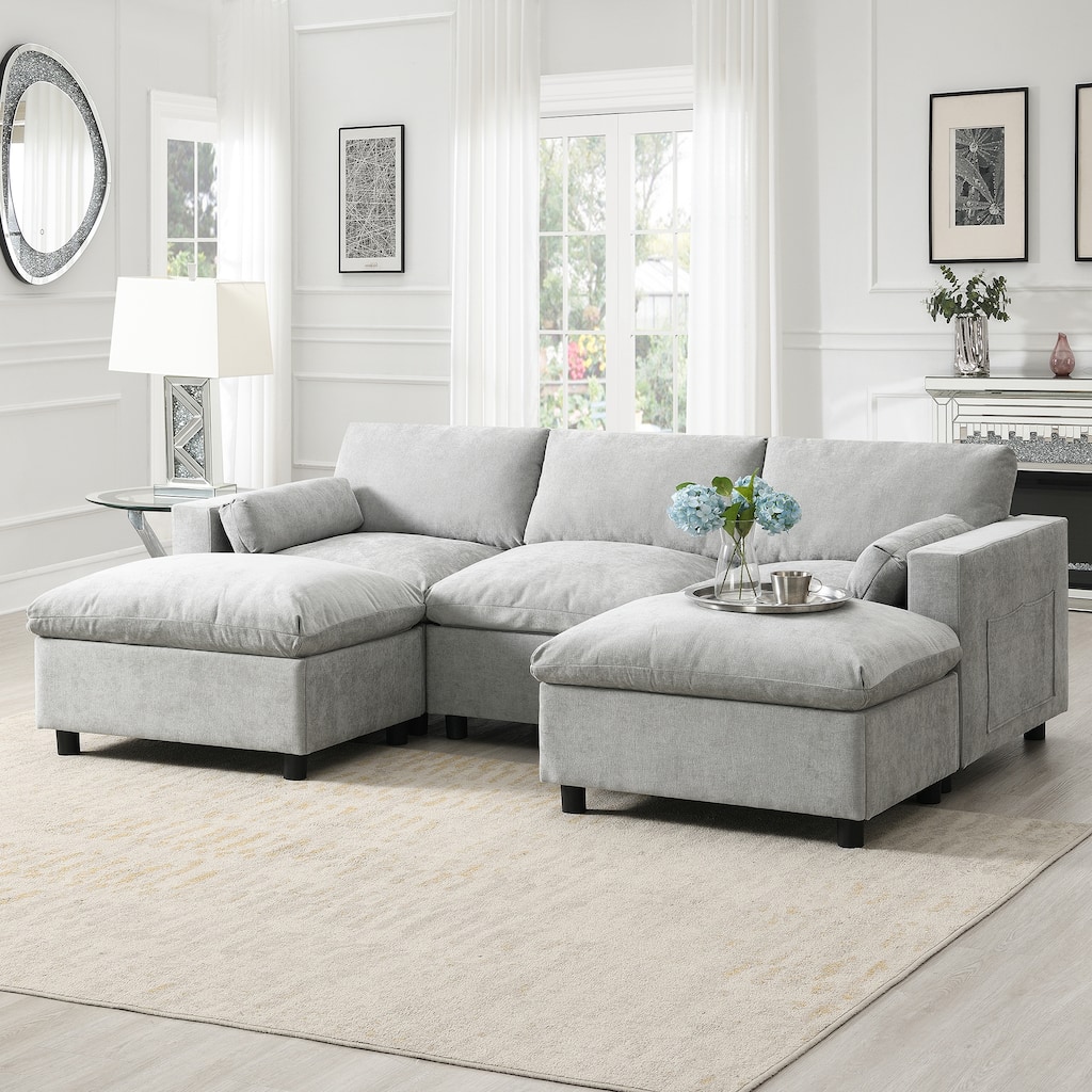 U-Shaped Modular Sectional Sofa, Modern 5 Seater Modular Sectional Couch with Movable Ottoman, Pillows, Storage Pockets