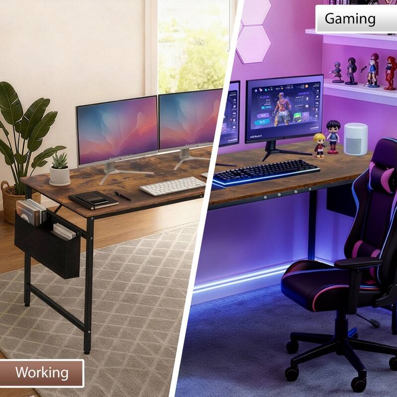 63” Computer Desk for Home Office ,Study Writing Desk with Storage, Side Hooks & Adjustable Feet