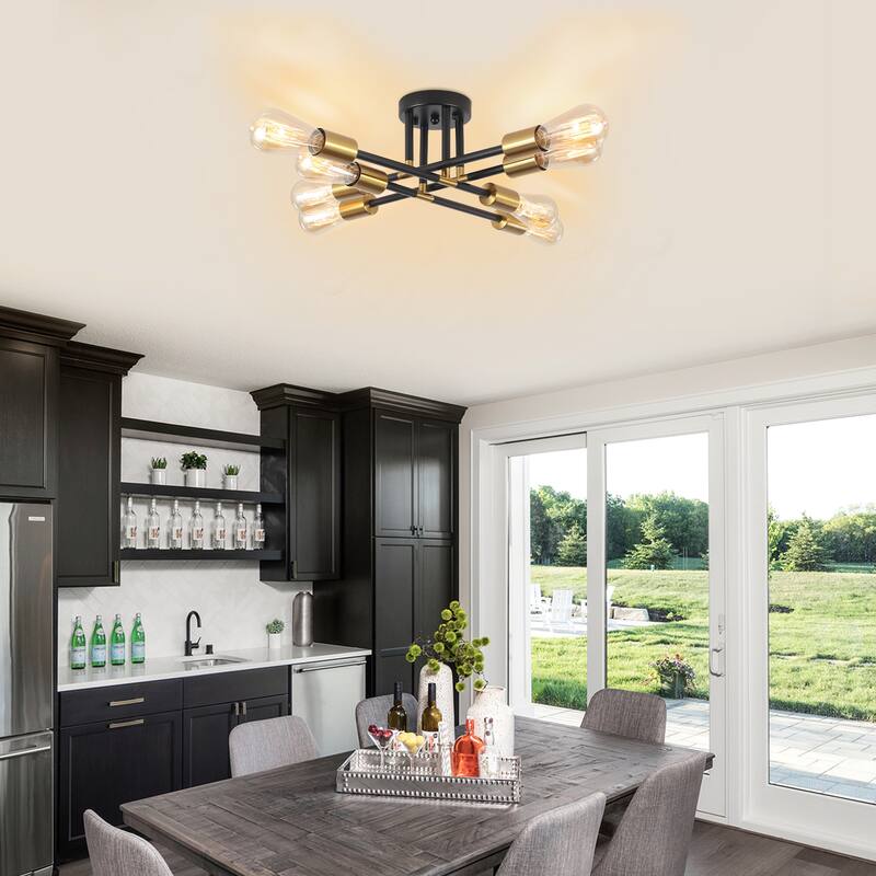 8-Light Industrial Semi Flush Mount Ceiling Light for Kitchen Dining Room Living Room - Black+Gold - N/A