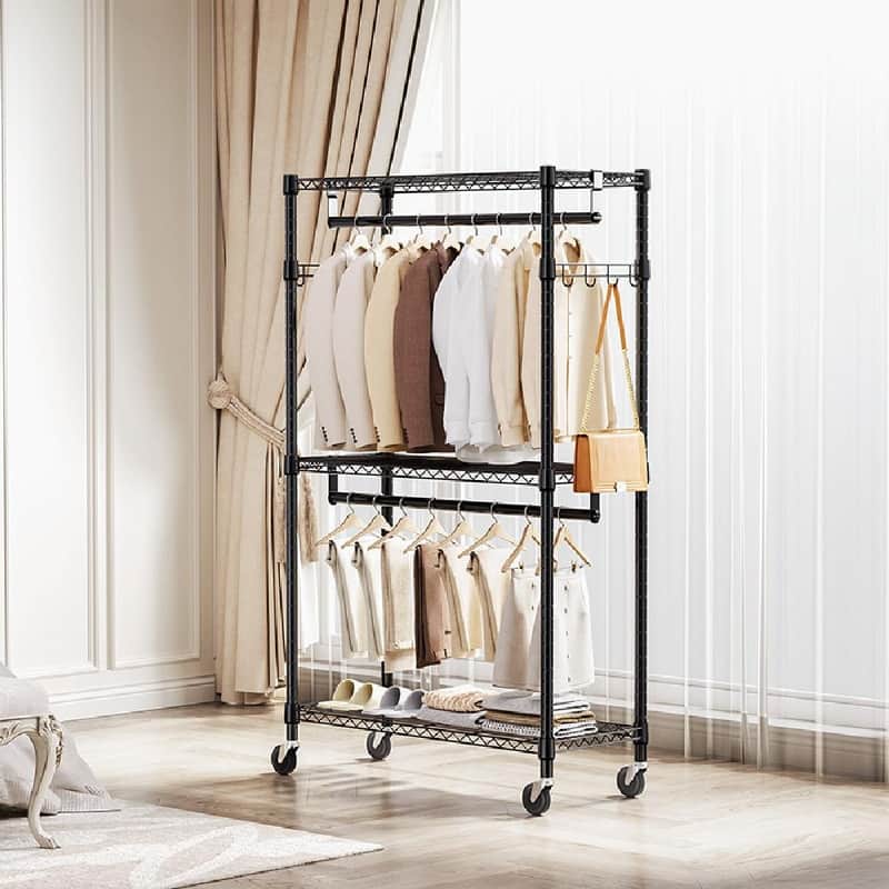 Heavy Duty Rolling Garment Rack with Wheels, 3-Tier Adjustable Wire Shelving, Clothes Rack with 2 Rods & Side Hooks