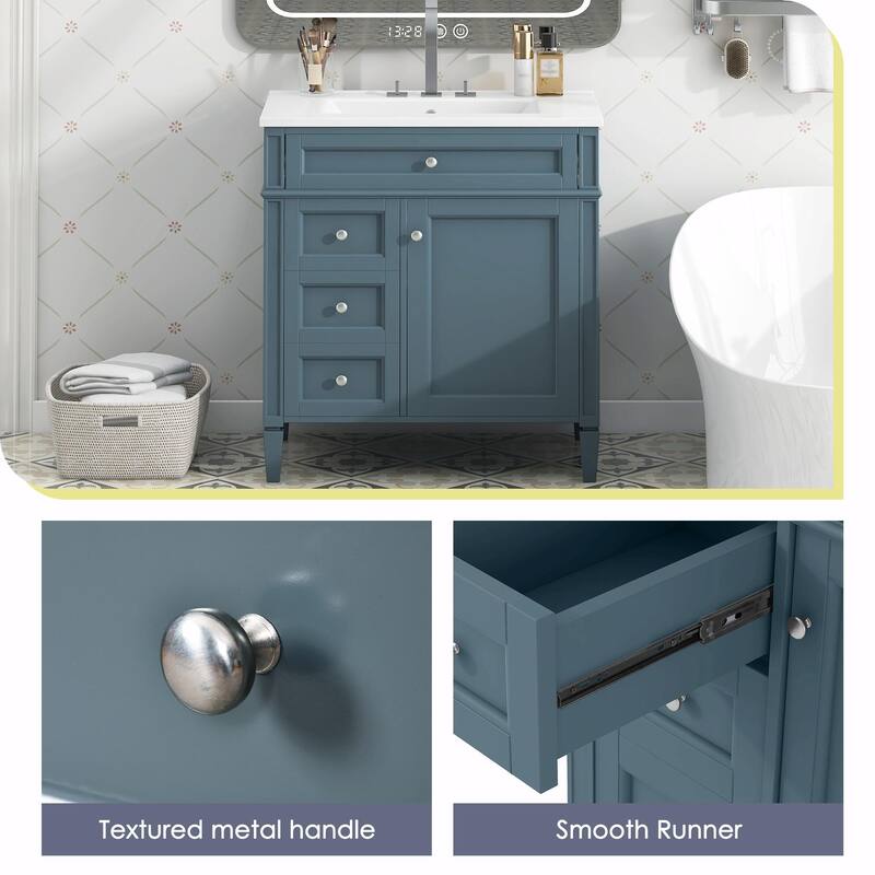 30'' Modern Bathroom Vanity with Top Sink, 2 Drawers and Tip-out Drawer