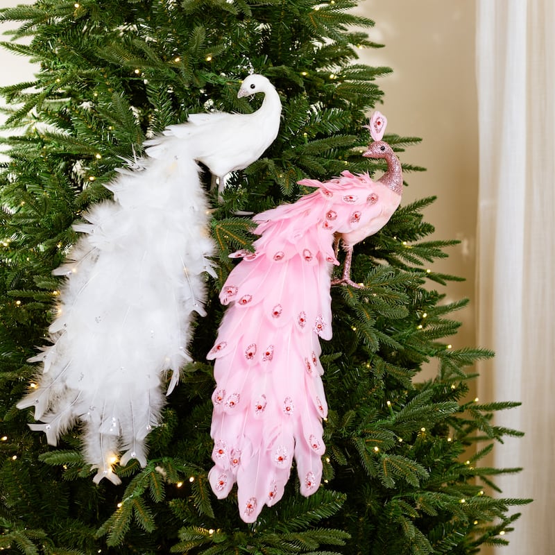 Jeweled and Glittered Peacock Christmas Decoration with Faux Pearls - 24" - White