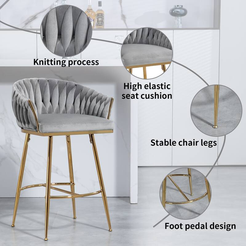 Versatile Counter Height Bar Stools Set of 2 Velvet Armchairs with Wave Braided Curved Back, Golden Chromed Legs and Footrest